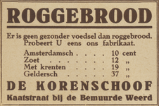 717061 Advertentie van Mij. De Korenschoof, bakkerij, Kaatstraat te Utrecht, voor roggebrood, met een prijslijstje.